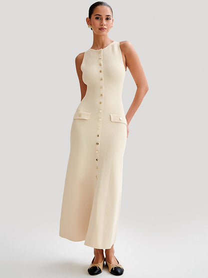 CD | Rochie maxi elegantă fără mâneci cu nasturi pentru femei