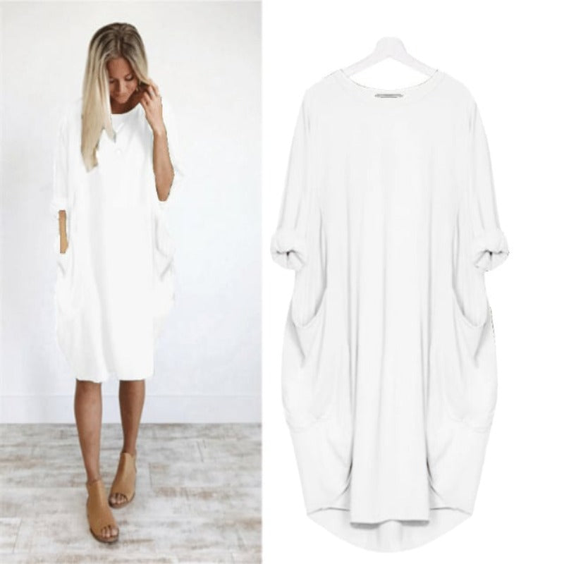 CD | Rochie midi pentru femei - Ținută relaxată - Amestec respirabil - Decolteu rotund - Buzunare laterale