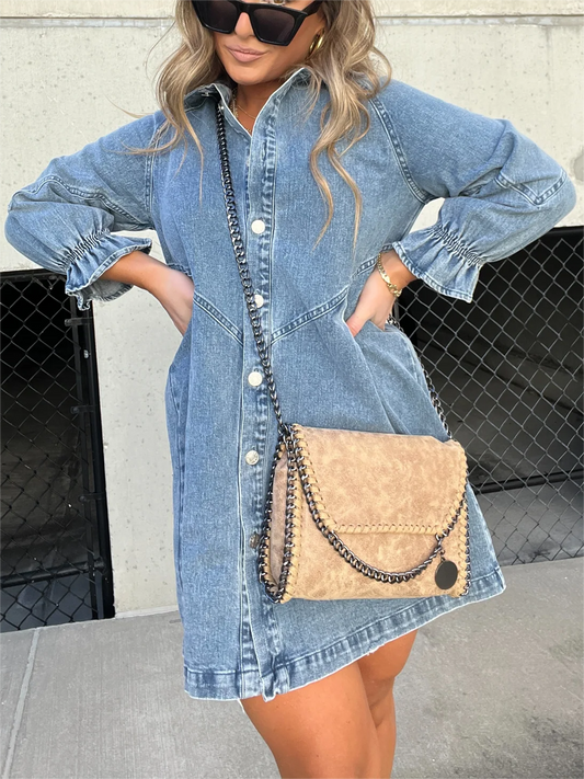 CD | Rochie midi chic din denim cu guler coborât