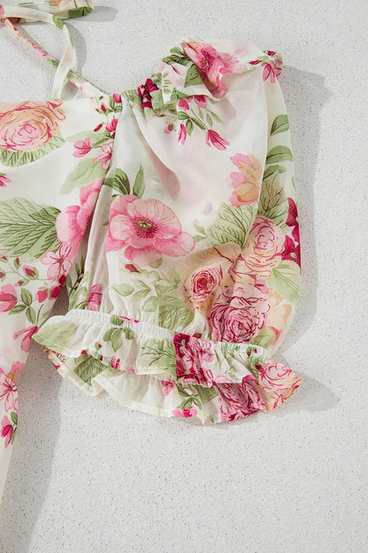 CD | Floral Bubble Sleeve Sweetheart gât Ruffle Mini rochie