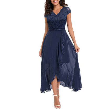 CD | Ladies V-Neck Short Sleeve Formal Dress with Lace Bodice