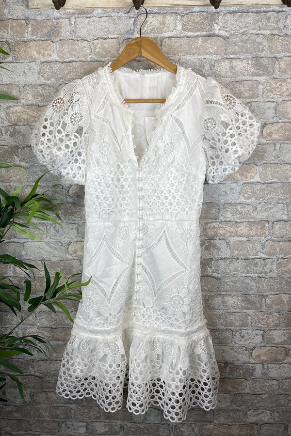 CD | Sweet Valor Crochet dantelă Puff maneca buton sus Mini rochie