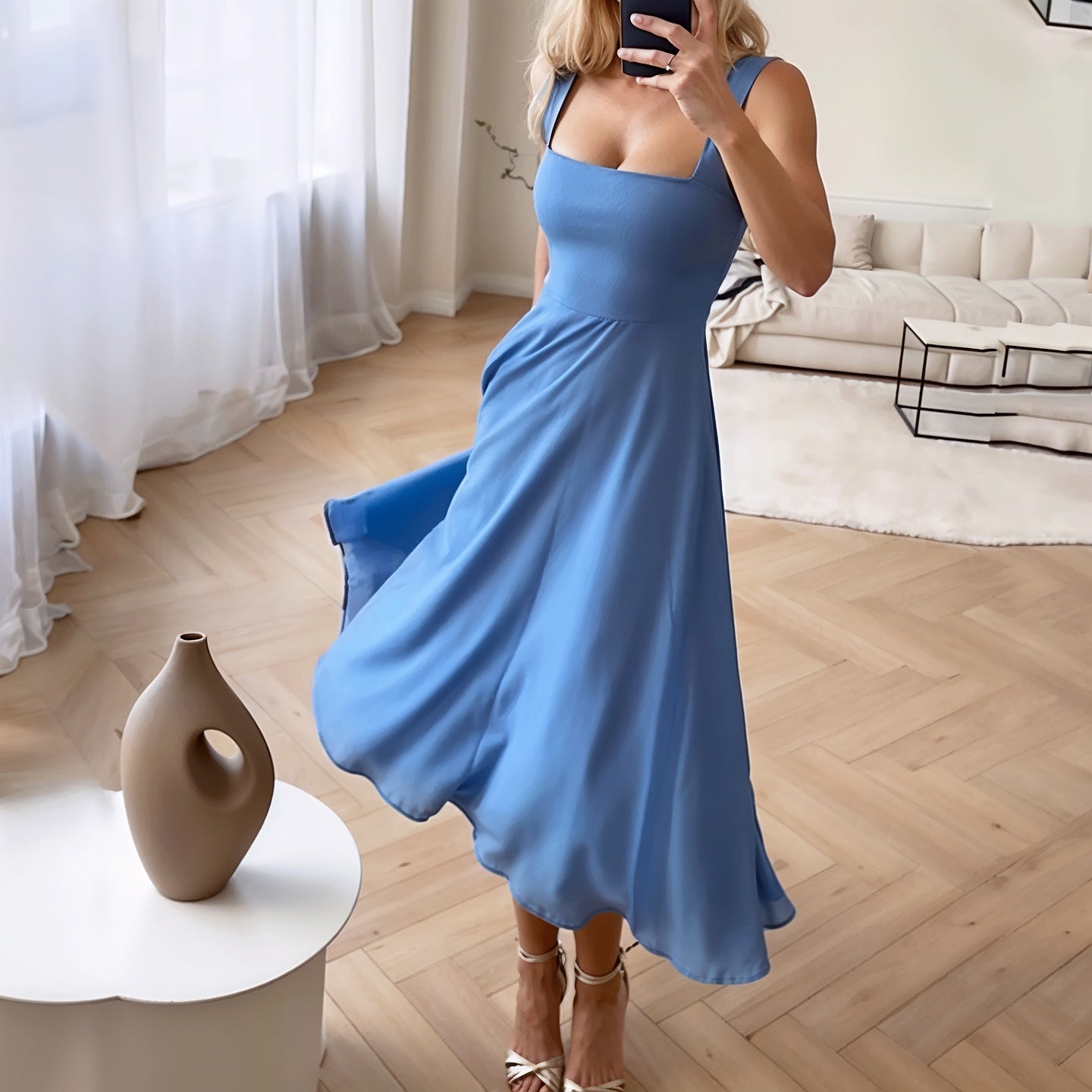 CD | Rochie midi pentru femei - Top slim fit - Decolteu pătrat - tiv evazat