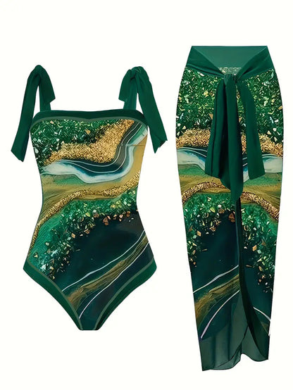 CD | Costum de baie elegant și fustă cu imprimeu marmură într-o singură piesă