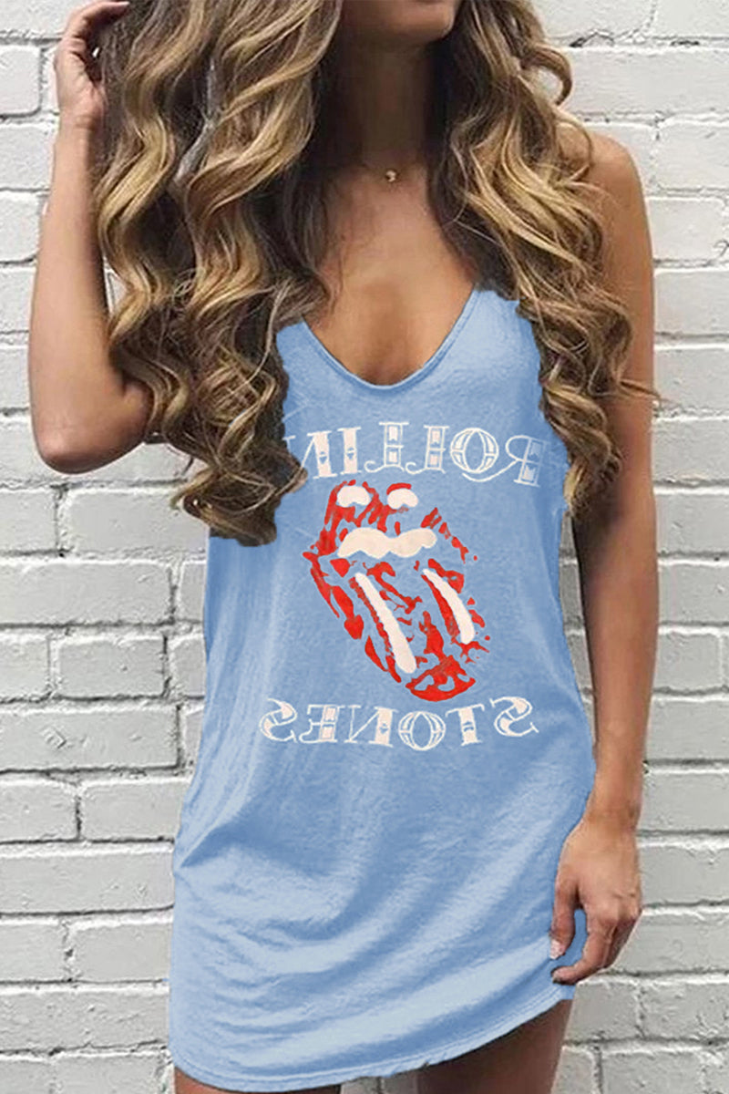 CD | Mini rochie albastră cu imprimare pe buze Rolling Stones