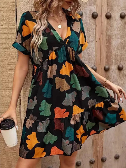 CD | Imprimate V-neck cu mânecă scurtă boho rochie mini