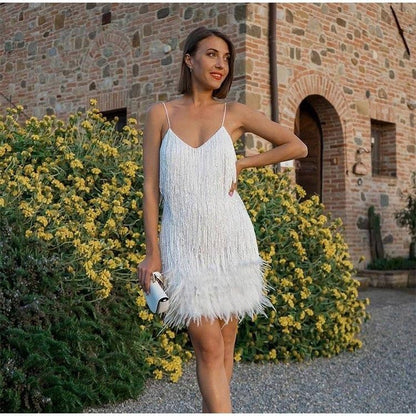CD | Sexy Tassel paiete pană de vară Mini rochie Femei V-Neck Spaghete curea Stitching rochii Femei Elegant seara Party Club rochie