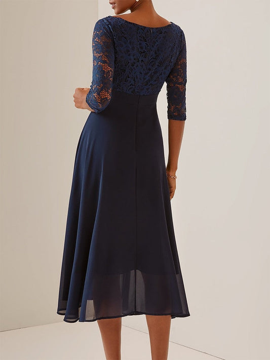 CD | Rochie midi pentru femei - Corset din dantelă - Fustă A-line din sifon - Ținută elegantă cu mâneci medii