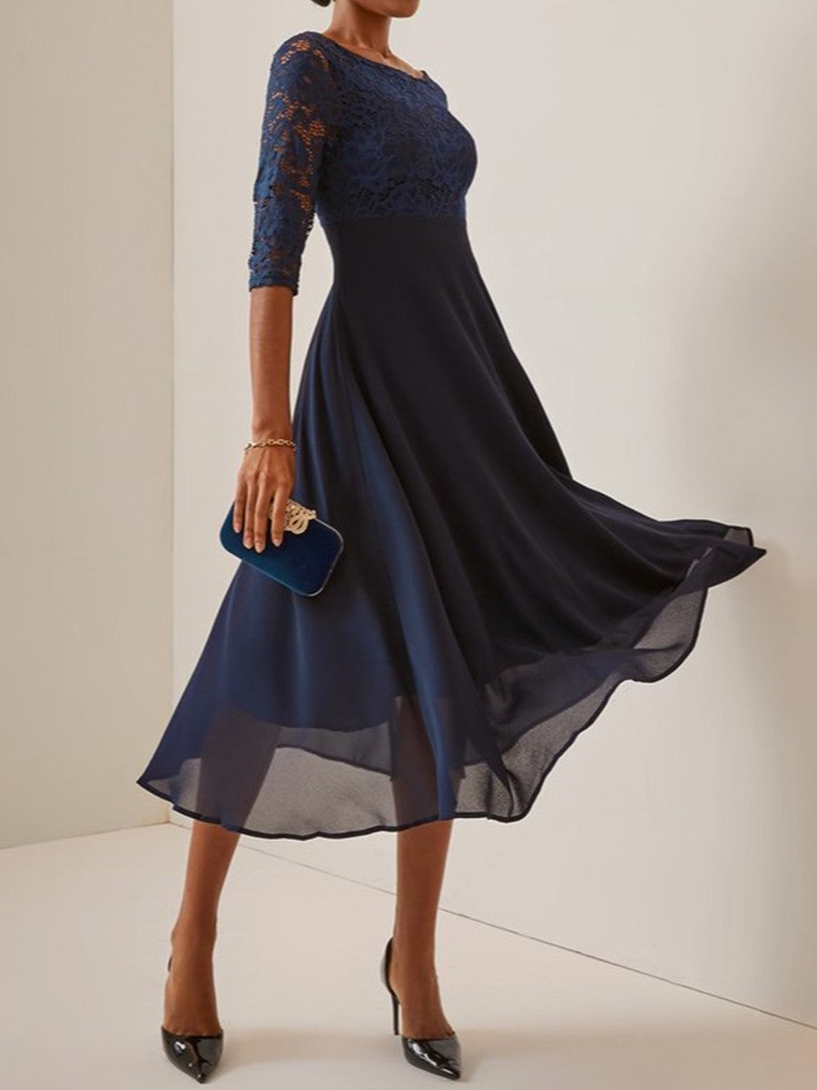 CD | Rochie midi pentru femei - Corset din dantelă - Fustă A-line din sifon - Ținută elegantă cu mâneci medii