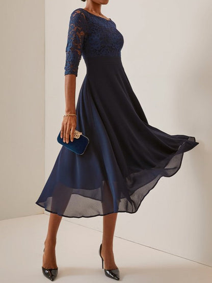 CD | Rochie midi pentru femei - Corset din dantelă - Fustă A-line din sifon - Ținută elegantă cu mâneci medii