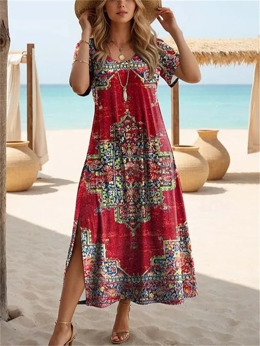 CD | Rochie midi pentru femei - Ținută relaxată - Mâneci scurte - Amestec respirabil - Imprimeu floral vintage