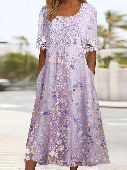 CD | Rochie midi pentru femei - Croială relaxată - Dantelă brodată - Mâneci scurte - Buzunare laterale