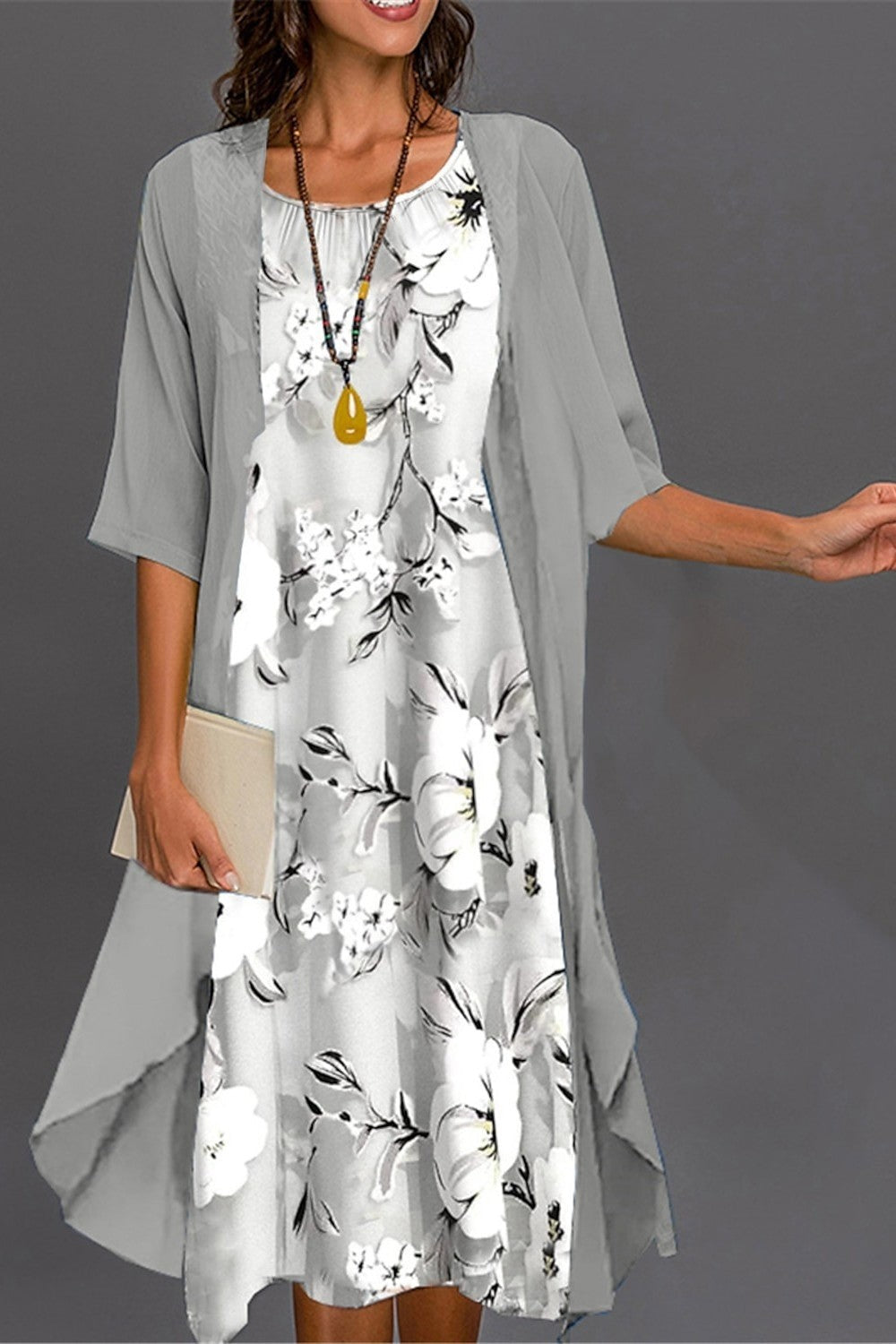 CD | Set rochie midi pentru femei - Ținută relaxată - Imprimeu floral - Jachetă transparentă