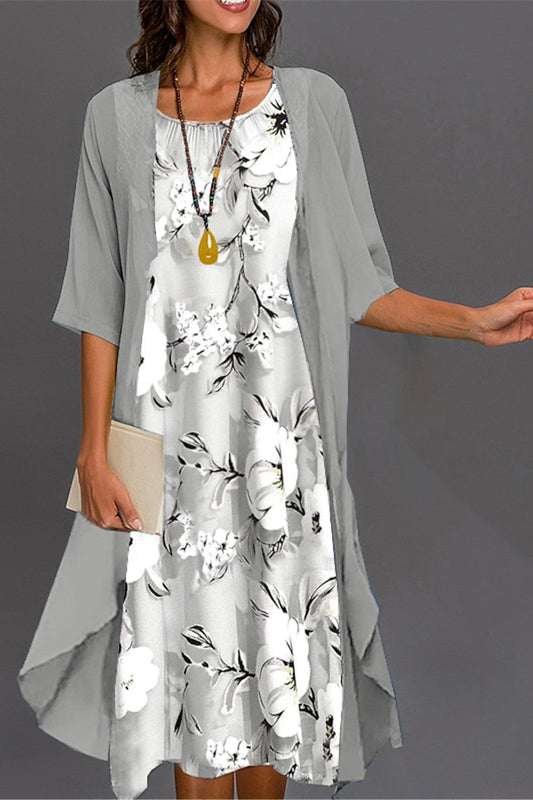 CD | Set rochie midi pentru femei - Ținută relaxată - Imprimeu floral - Jachetă transparentă