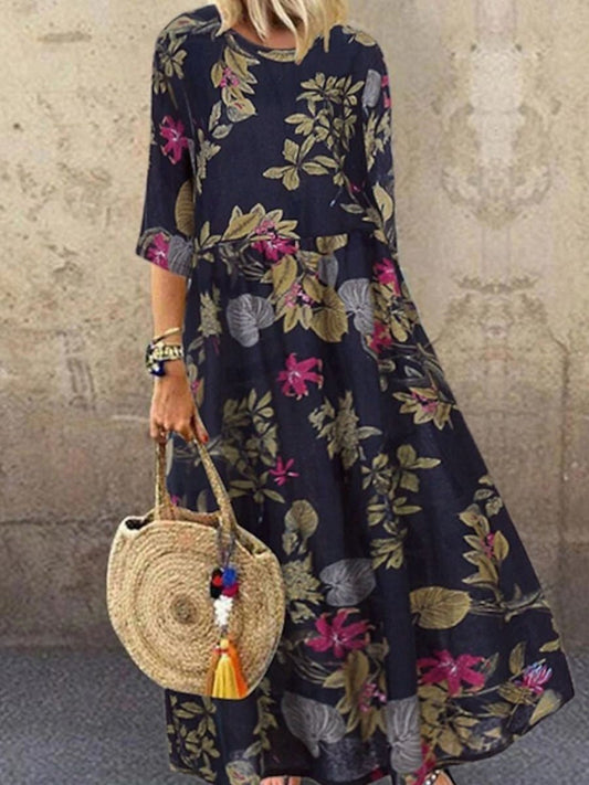 CD | Rochie maxi pentru femei - Ținută relaxată - Imprimeu floral - Mâneci pe jumătate - Amestec respirabil