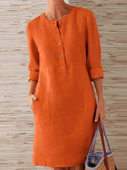 CD | Rochie midi pentru femei - Croială relaxată - Fibre naturale - Butonieră - Mâneci lungi - Buzunare