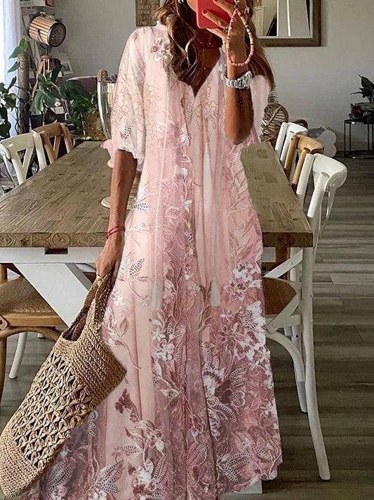 CD | Rochie maxi pentru femei - Dantelă cu model floral - Croială lejeră - Decolteu în V - Mâneci pe jumătate Amestec respirabil