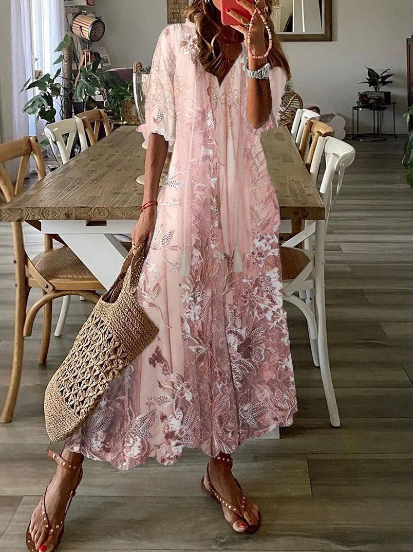 CD | Rochie maxi pentru femei - Dantelă cu model floral - Croială lejeră - Decolteu în V - Mâneci pe jumătate Amestec respirabil