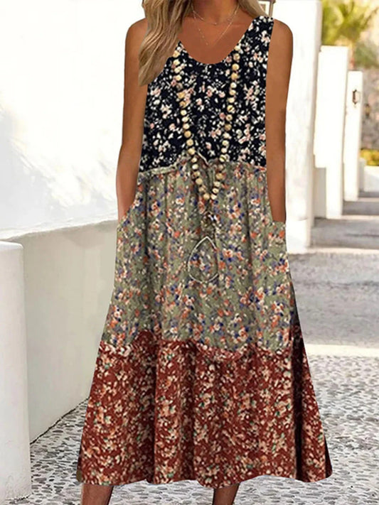 CD | Rochie midi pentru femei - Croială lejeră în formă de A - Decolteu în V fără mâneci - Imprimeu floral în dungi