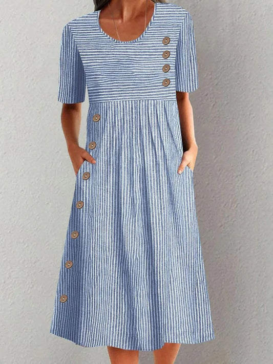 CD | Rochie midi pentru femei - Ținută relaxată - Model în dungi - Decolteu rotund - Mâneci scurte - Fibre naturale