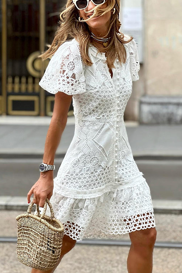 CD | Sweet Valor Crochet dantelă Puff maneca buton sus Mini rochie