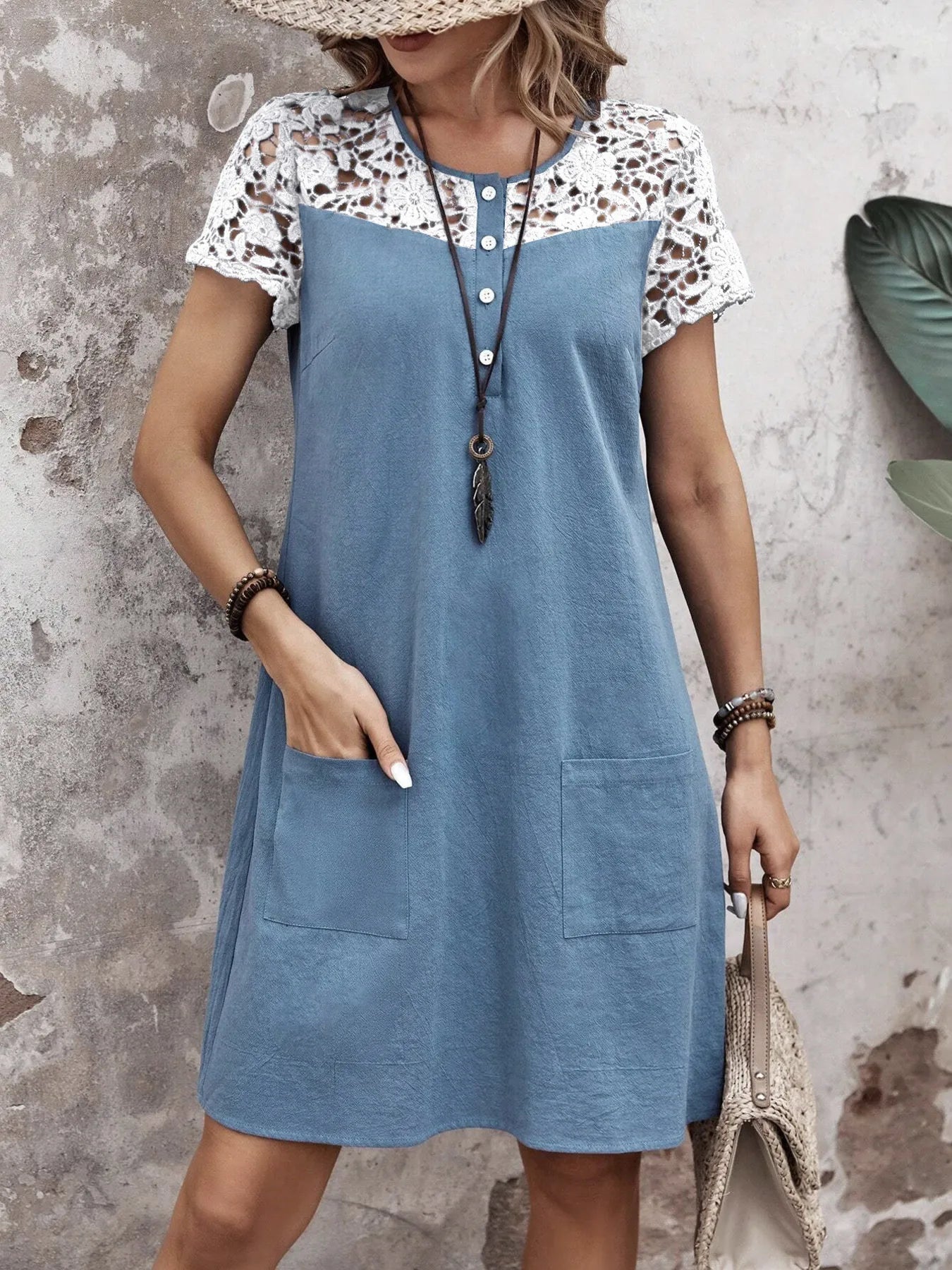 CD | dantelă buton placket rotund decolteu rochie mini