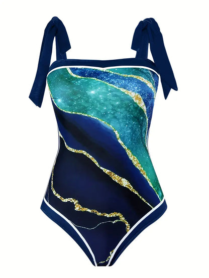 CD | Costum de baie elegant și fustă cu imprimeu marmură într-o singură piesă