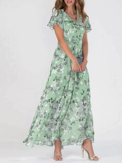 CD | Floral Print Short Sleeve Dress Summer Fashion Ruffle Beach Dresses Îmbrăcăminte pentru femei