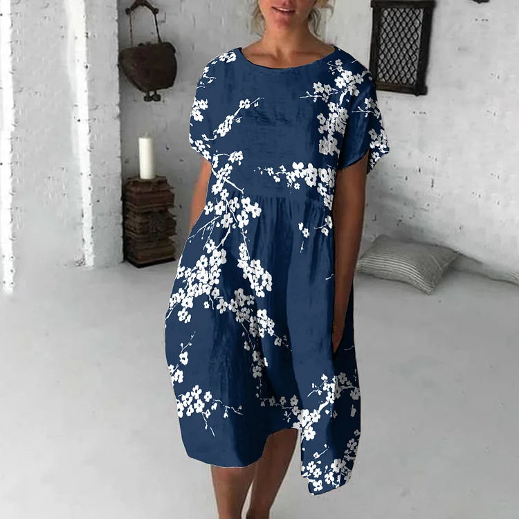 CD | Rochie midi pentru femei - Croială fluidă - Mâneci scurte - Imprimeu floral - Amestec respirabil