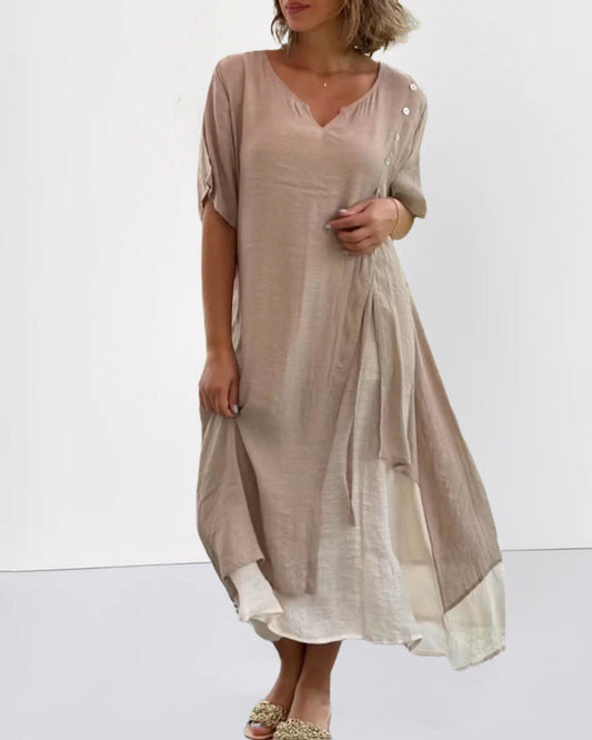 CD | Asimetric de vară V-Neck scurte maneca Patchwork Split vrac Casual glezna lungime rochie lungă