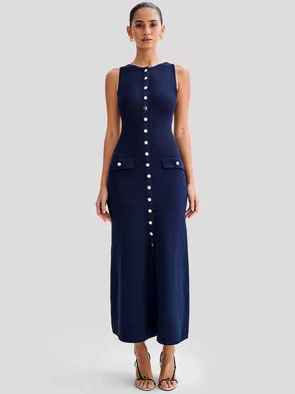 CD | Rochie maxi elegantă fără mâneci cu nasturi pentru femei