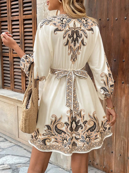 CD | Rochie mini imprimată cu decolteu în V și mâneci balon