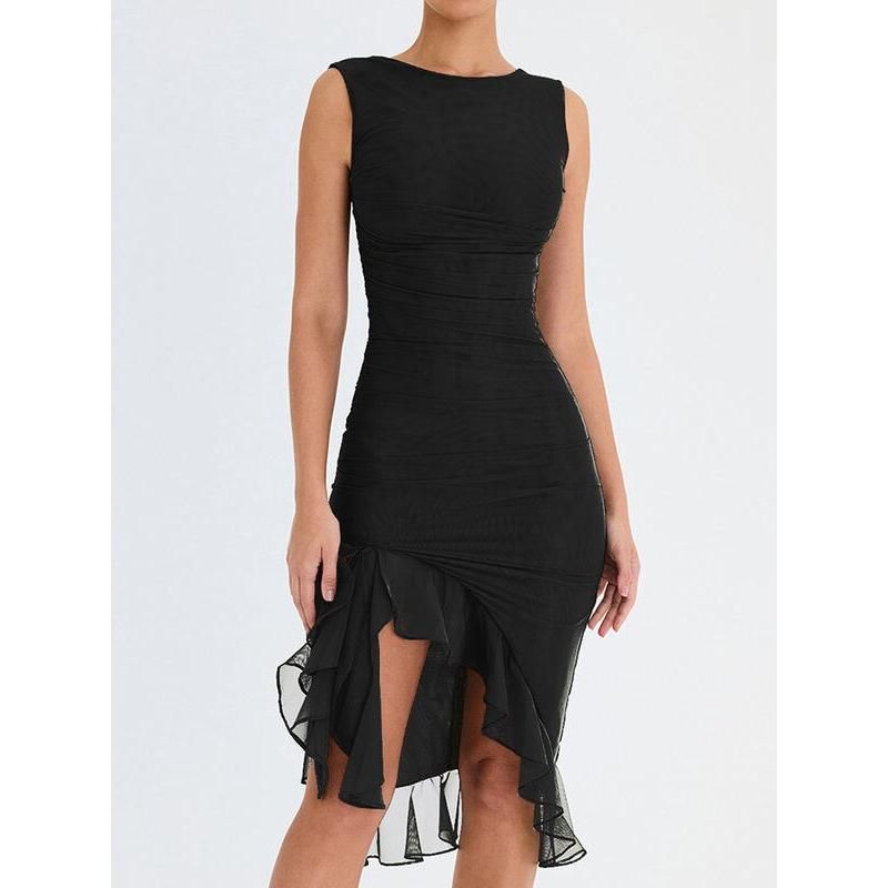 CD | Rochie midi elegantă fără spate cu volane