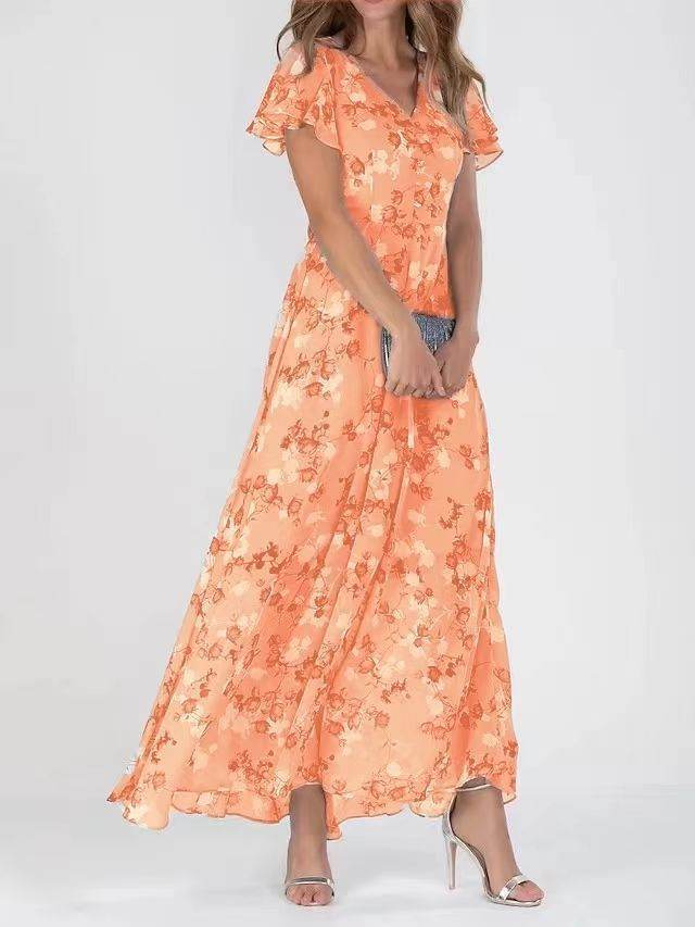 CD | Floral Print Short Sleeve Dress Summer Fashion Ruffle Beach Dresses Îmbrăcăminte pentru femei