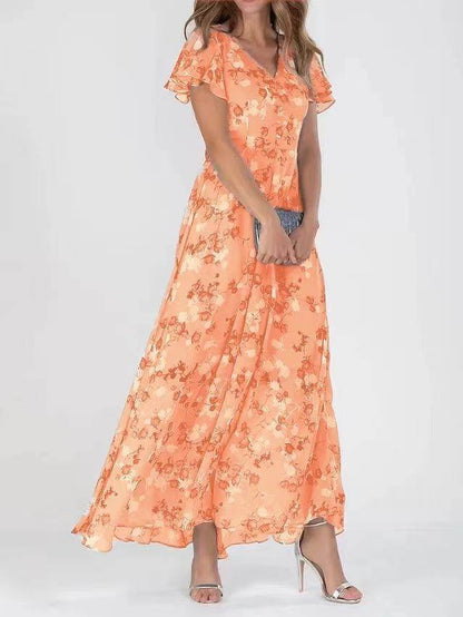 CD | Floral Print Short Sleeve Dress Summer Fashion Ruffle Beach Dresses Îmbrăcăminte pentru femei