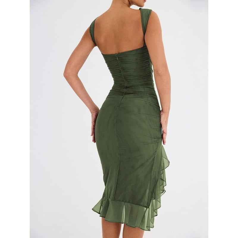 CD | Rochie midi elegantă fără spate cu volane