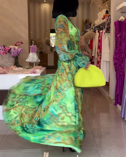 CD | Rochie lungă elegantă cu model imprimat și talie imperiu