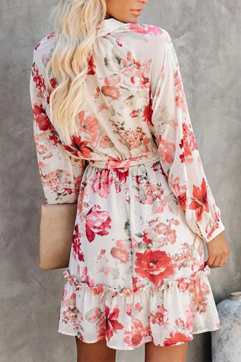 CD | Mini rochie cu mâneci lungi, cu imprimeu floral, cu decolteu tip O