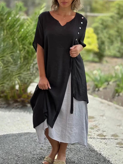 CD | Asimetric de vară V-Neck scurte maneca Patchwork Split vrac Casual glezna lungime rochie lungă