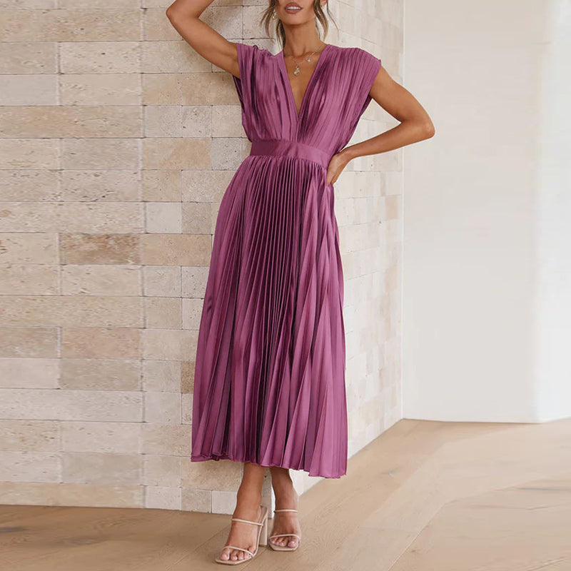 CD | Rochie midi pentru femei - A-line - gât în V fără mâneci - țesătură de lux plisată - spate deschis