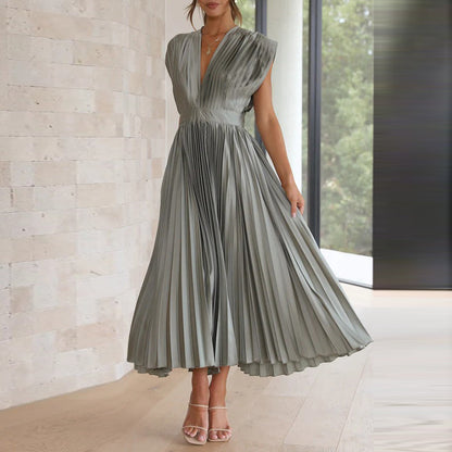 CD | Rochie midi pentru femei - A-line - gât în V fără mâneci - țesătură de lux plisată - spate deschis