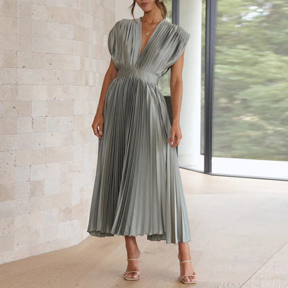 CD | Rochie midi pentru femei - A-line - gât în V fără mâneci - țesătură de lux plisată - spate deschis