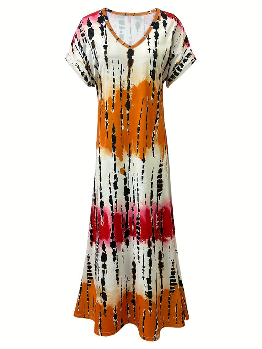 CD | Rochie maxi pentru femei - Decolteu în V - Imprimeu abstract - Mâneci scurte - Ținută relaxată - Fante laterale