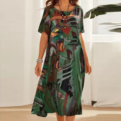 CD | Rochie midi pentru femei - Ținută relaxată - Imprimeu abstract - Mâneci scurte - Fibre naturale
