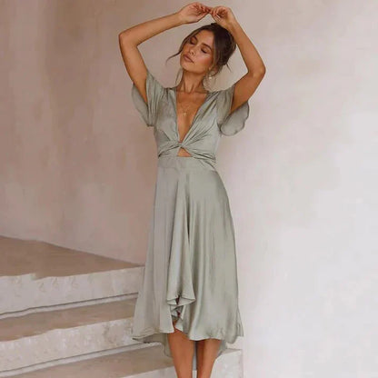 CD | Rochie Midi pentru femei - bust răsucit - mâneci fluture - tiv înalt-jos - țesătură de lux