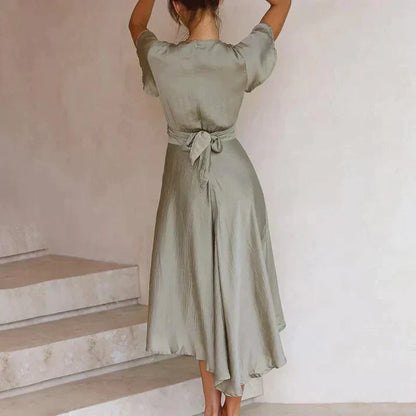 CD | Rochie Midi pentru femei - bust răsucit - mâneci fluture - tiv înalt-jos - țesătură de lux