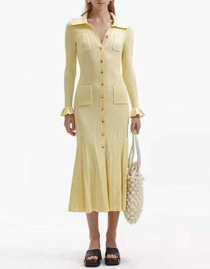CD | Rochie maxi pentru femei - material tricotat - aspect sirenă - guler cămașă - mâneci lungi - buzunare