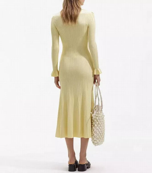 CD | Rochie maxi pentru femei - material tricotat - aspect sirenă - guler cămașă - mâneci lungi - buzunare