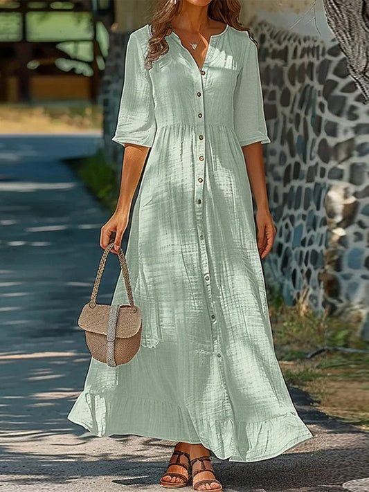 CD | Rochie midi pentru femei - Croială relaxată - Butonieră - Mâneci pe jumătate - Fibre naturale