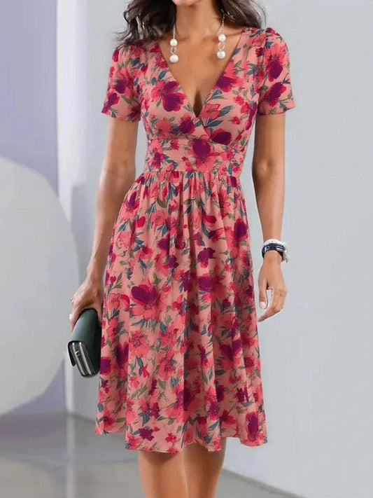 CD | Rochie midi pentru femei - decolteu în V - imprimeu floral - croială A-line - amestec respirabil - mâneci scurte